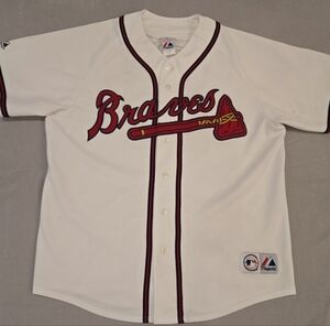 Majestic Atlanta Braves #16 McCann Hvy Sewn Baseball Jersey White Red Blue Sz L